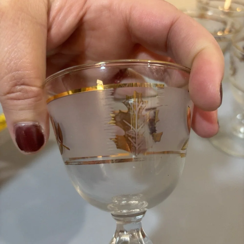 6 Libbey Gold Leaf MCM Frosted Cordial Glasses Set Barware Vintage Collectible